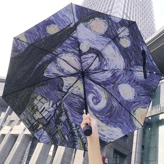 oferta especial van gogh pintura al óleo soleada paraguas negro pegamento anti ultravioleta sol paraguas (1)