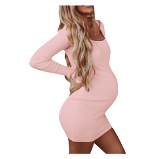 [xhsa]-mujer embarazada maternidad o-cuello de manga larga sólido alto elástico suave mini vestido