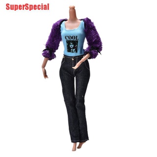 SSP 3 unids/Set abrigo de piel traje para muñecas Barbie pantalones negros piel púrpura abrigo moda niño