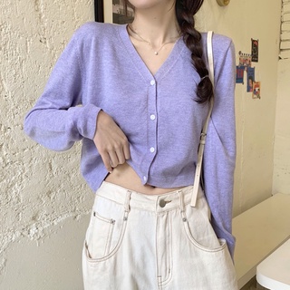 [venta por tiempo limitado] ropa de verano nueva versión coreana delgada bm estilo cárdigan abrigo corto púrpura manga larga sobre suéter mujeres (6)