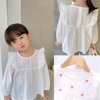 Camisa de manga larga bordada con cuello redondo/Tops de Color sólido para niña (1)