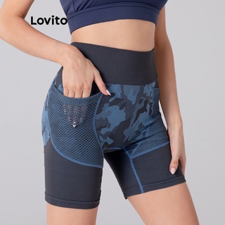 Lovito Sporty camuflaje bolsillo cintura alta pantalones cortos STP3055 (azul)