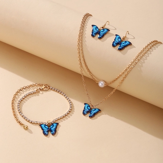 Ifyou Moda Retro Coreano Mariposa Pendientes Collar Pulsera Conjunto De Mujeres Colgante Cadena Gargantilla Joyería Accesorios Regalos