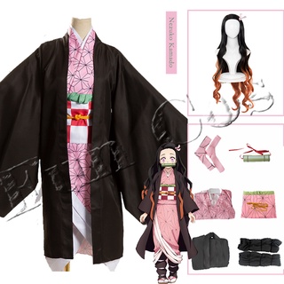 Demon Slayer Kimetsu No Yaiba Nezuko Kamado Cosplay Disfraz Rosa Vestido Capa Anime Peluca Larga Gradient Curls Pelo Katana