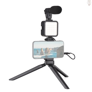 [Nuevo]Kit de disparo de Vlog Mini luz de Video LED + micrófono de condensador Super cardioide + Clip extensible para teléfono+tripié con 3 niveles de brillo ajustable para teléfono transmisión en vivo Vlog Video Video conferencia Selfie
