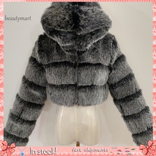 BWT_Women Fashion Winter Faux Fur Cropped Coat Fluffy Zip Hooded Warm Short Jacket
