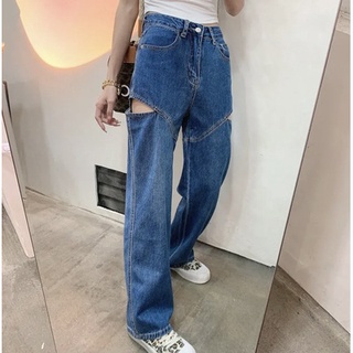 [suministro de calidad] verano 2021 y otoño nuevo perforado cintura alta suelta ancho pierna jeans para las mujeres