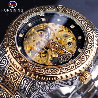 forsining reloj mecánico para hombre automático reloj de pulsera de lujo diamante de acero inoxidable esqueleto relojes oro relogio masculino