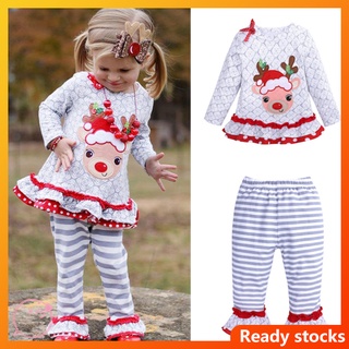 2 unids/Set niños niñas traje de navidad de dibujos animados alce camisa + pantalones de rayas Top y pantalones ropa de hogar conjunto