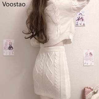 Conjunto de falda de estilo Lolita para mujer, conjunto de 2 piezas de faldas tipo suéter con bordado de conejo, estilo japonés, para Otoño e Invierno (3)