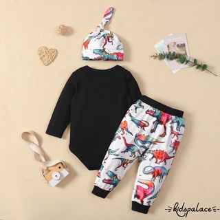 Bbq-3 piezas trajes casuales para bebé niños, estampado de letras, manga larga cuello redondo, pantalones con patrón de dinosaurio y gorra anudada (2)