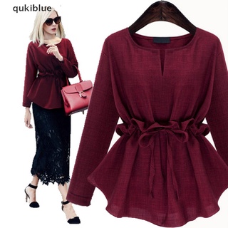 Qukiblue Plus Size Women Blouse Collect Waist Linen Tops Long Sleeve Blouse Casual Slim CO