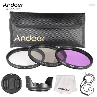 fayshow andoer - kit de filtro de 55 mm (uv+cpl+fld) + bolsa de transporte de nailon, tapa de lente, soporte para tapa de lente, capucha para lente, paño de limpieza de lente