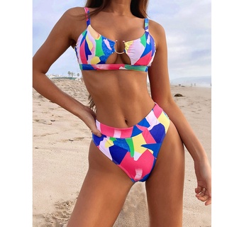 greenwings_Ladies Fashion High Waist Split Swimsuit Colorblock Print Sexy Bikini (3)