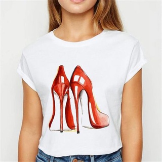2021 Nueva Moda Camiseta Femme Bonito Diseño De Arte Femenino Verano Casual De Las Mujeres Rojo Tacón Alto Zapatos Gráfico Impreso S-3XL