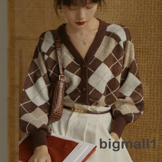 Ln mujer Casual manga larga Cardigan moda contraste Color Argyle cuadros V-cuello de punto abrigo