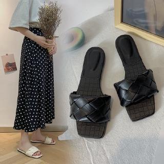 Verano nuevas sandalias planas y zapatillas de las mujeres de la moda tejida mulas