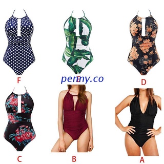 NNY Women Plus Suze Sexy One Piece Swimsuit Halter Hollow Keyhole V-Neck Monokini Ruched Tummy Control Floral Polka Dot Printed Bathing Suit S-2XL