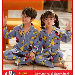 Pijamas de dibujos animados Baju Tidur Remaja Casual de manga larga Loungewear de dibujos animados impreso solapa dormir desgaste de la humedad que absorbe la humedad Unisex para niñas y niño pijama de algodón