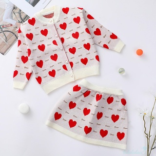 Ll5-2Pcs ropa de bebé niñas, manga larga impresión corazón Cardigan + Mini falda conjunto
