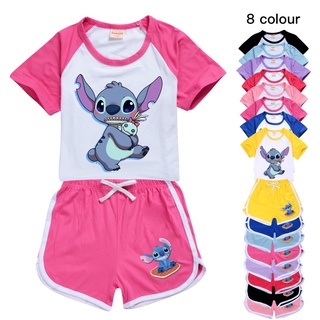 Stitch niños verano conjunto de ropa de bebé niña ropa de niño de algodón camiseta+traje corto para niños pequeños trajes de dibujos animados