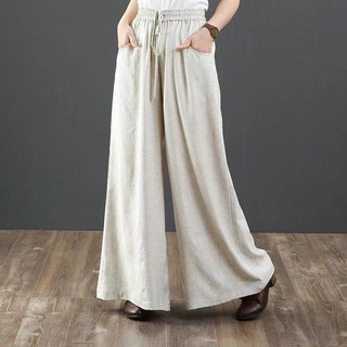 Mujer algodón y lino cintura alta gran tamaño suelto casual pantalones (2)