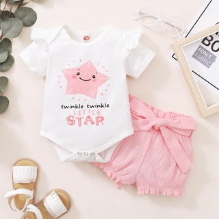 pijama bebé recién nacido niñas lindo rosa estrella deisgn mono de manga corta + pantalones cortos (1)