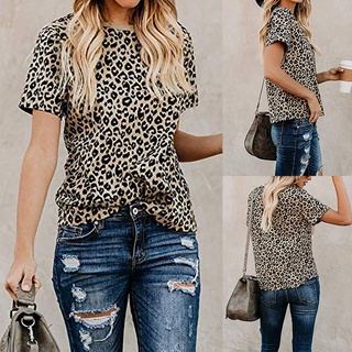Mujer verano leopardo manga corta cuello redondo frente lazo nudo camiseta blusa