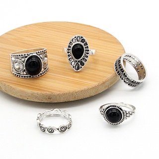 Conjunto de anillos vintage gema negra Xiangyun círculo tallado de cinco piezas conjunto de nudillos anillo de fábrica