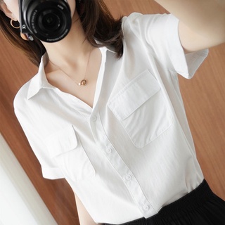 [oferta de hoy] camisa de manga corta de algodón para mujer verano nuevo estilo coreano cuello polo suelto y versátil cuello en v camisa blanca top mujeres