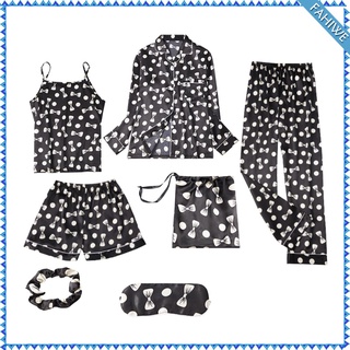 [Fahiwe] 7 piezas Conjunto De Pijama De Seda para mujer/camiseta con lazo+pantalones/banda para el cabello/ropa De Dormir