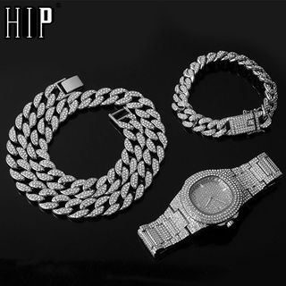 collar +reloj+pulsera hip hop miami curb cadena cubana de oro helado pavimentado pedrería cz bling rapero para hombres joyería