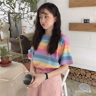 JCFS🔥Productos al contado🔥Primavera verano arco iris rayas algodón camiseta manga corta cuello redondo Top