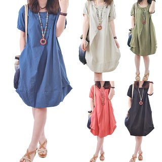 yuerwuy Casual Women Solid Color Ruched Short Sleeve Round Neck Loose Party Mini Dress