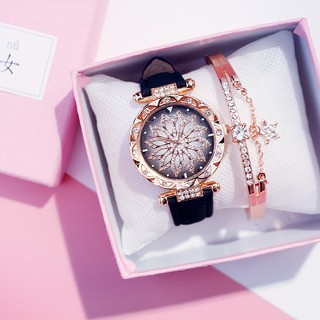 [Reloj + Pulsera] Reloj para mujer Reloj de cuarzo con correa de cuero de moda Reloj de lujo Gypsophila