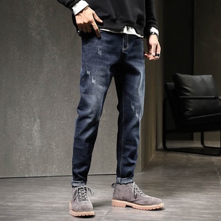 Hombres Slim Jeans Azul Oscuro Largo Denim Pantalones Moda 2021