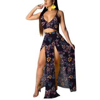 ✣Zv❂Conjunto de ropa Sexy de dos piezas para mujer, hojas/estampado Floral, sin mangas, cuello en V y falda (7)