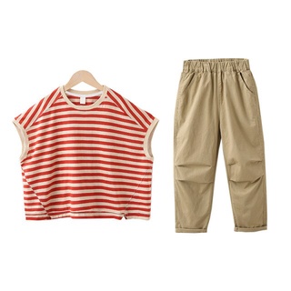Niñas conjunto de ropa Casual rayas camiseta pantalones de dos piezas traje para niños verano de manga corta suelta delgada adolescentes trajes