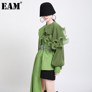 EAM-blusa holgada de manga larga con volantes para mujer, camisa de talla grande Irregular, color verde, para primavera y otoño, 2021, 1DA218