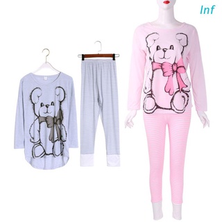 Conjunto De Pijama De manga larga con estampado De oso a rayas para mujeres