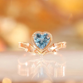 S925 plata oro rosa Color tesoro abierto anillo Ins viento Santa Maria topacio azul amor corazón anillo para las mujeres
