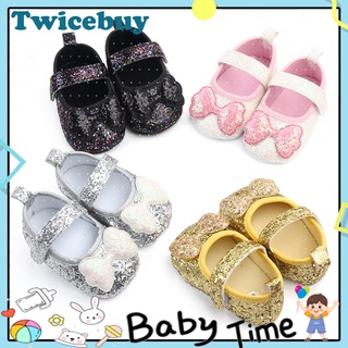 Twicebuy Baby Girl Color sólido lentejuelas Bowknot antideslizante zapatos planos Prewalker zapatillas