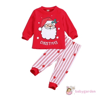 Juego de pijamas de navidad de 1-6 años, 2 piezas, algodón para niños, estampado de papá noel, cuello redondo, manga larga, Tops casuales, pantalones sueltos de estrella de rayas (9)