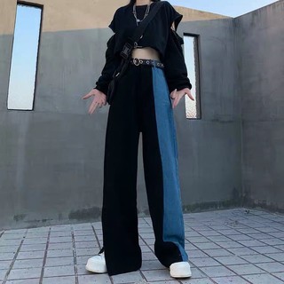 Cosido jeans Harajuku estilo ins color coincidencia de cintura alta división recta mopping pantalones mujer otoño suelto denim ancho pierna tendencia