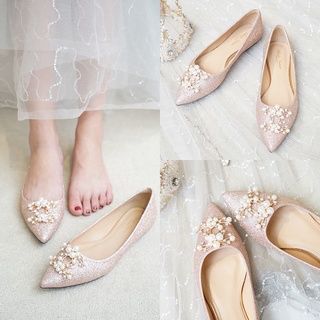 【MZ】 Mz más el tamaño (34-44) zapatos de boda de novia zapatos planos de las mujeres plana de la boca poco profunda punta lentejuelas cristal zapatos planos