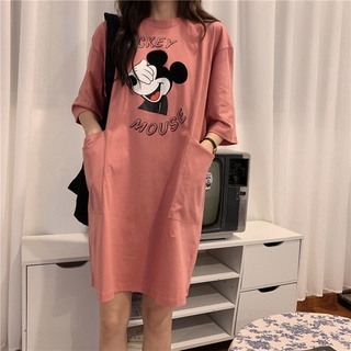 [40-150Kg] Disney Mickey mujeres más el tamaño Mini vestido con bolsillo de gran tamaño cuello redondo mangas cortas T-shirt vestido de maternidad embarazo Casual camiseta vestido de gran tamaño mediano largo longitud T-shirt vestido
