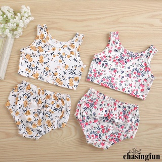 Chf-Baby Tank + pantalones cortos, estampado de flores cintura elástica fresca pequeña princesa estilo dulce ropa de verano