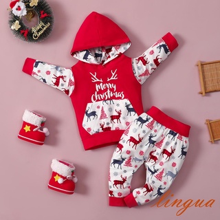 Lua-baby 2 piezas de trajes de navidad, Casual manga larga letra ciervo impresión sudadera con capucha y pantalones conjunto