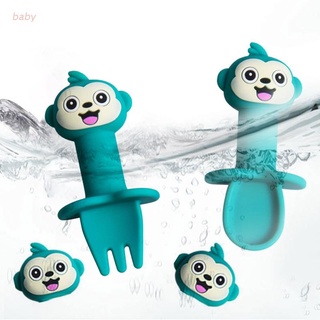 Baobaodian 2 pzs/juego tenedor/cuchara De silicona con dibujo De mono desmontable antideslizante Para entrenamiento De alimentación