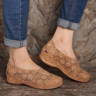 Retro zapatos de mujer hueco banda elástica dedo del pie redondo deslizamiento en el zapato plano